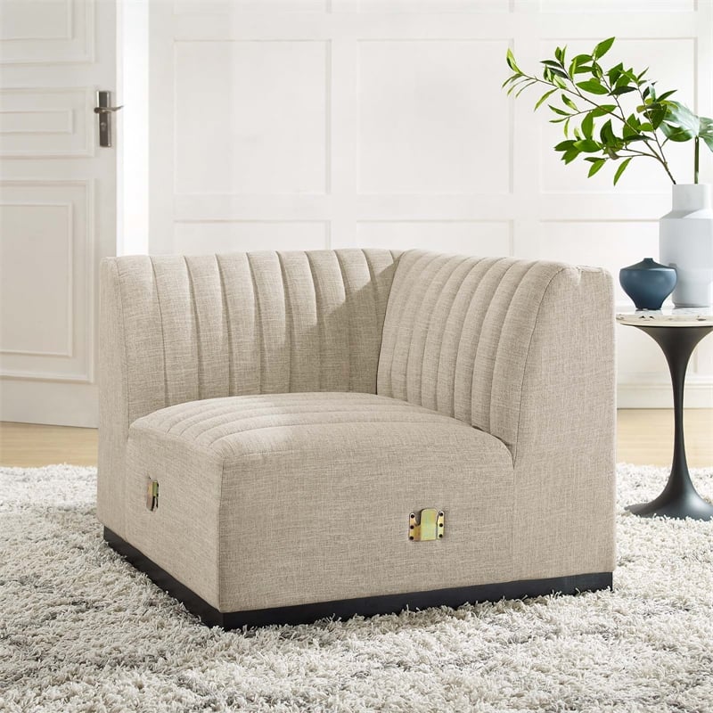 Pemberly Row Modern Channel Tufted Left Corner Chair in Beige Textile
