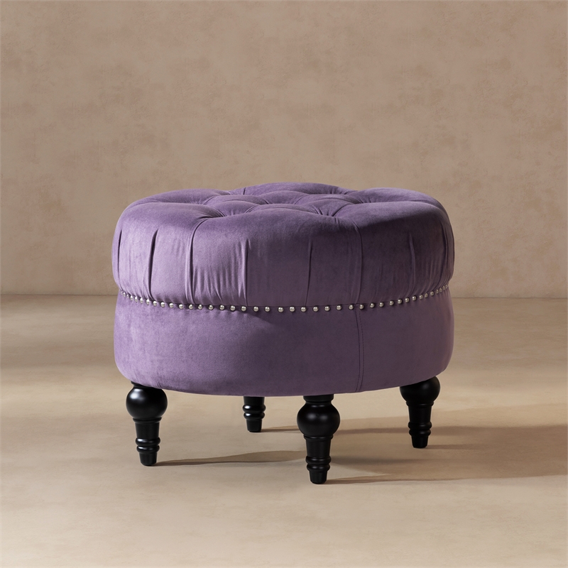 Pemberly Row Button-Tufted Nailhead Velvet Ottoman in Purple
