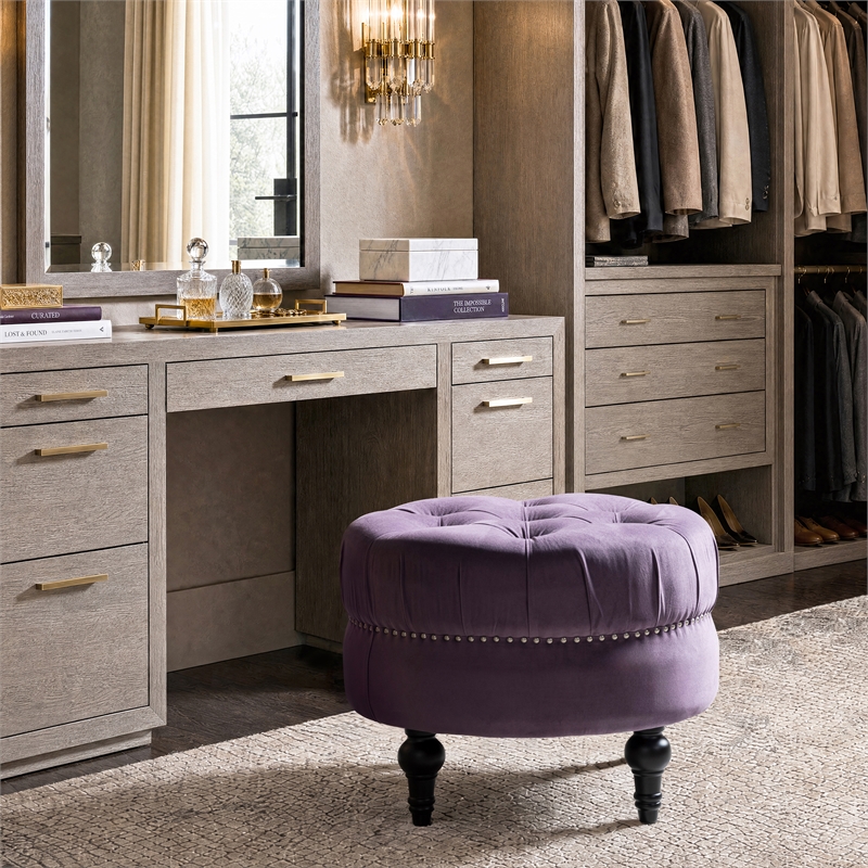 Pemberly Row Button-Tufted Nailhead Velvet Ottoman in Purple