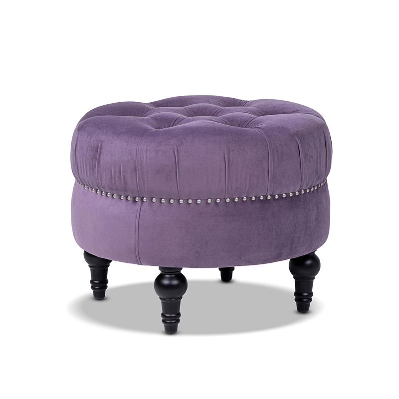 Pemberly Row Button-Tufted Nailhead Velvet Ottoman in Purple