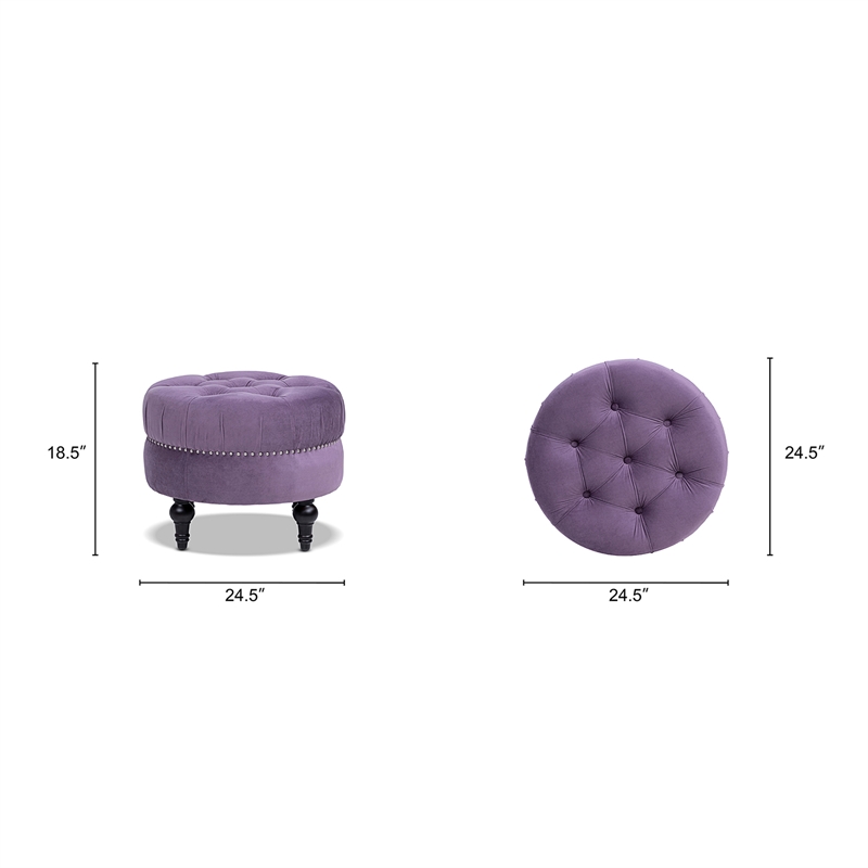 Pemberly Row Button-Tufted Nailhead Velvet Ottoman in Purple
