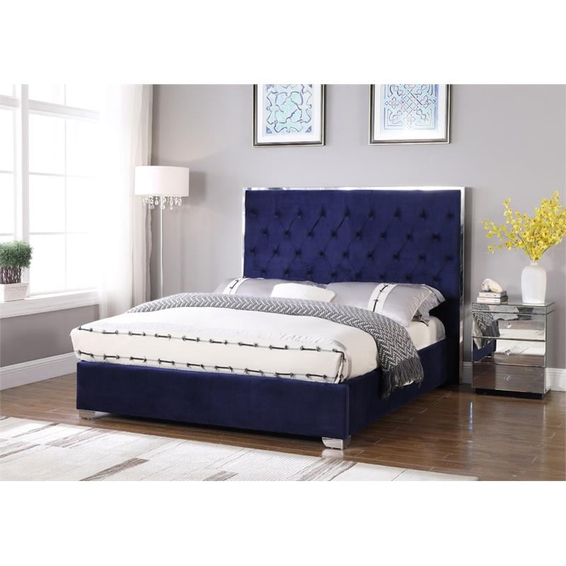 Pemberly Row Tufted East King Velour Platform Bed with Slats in Blue