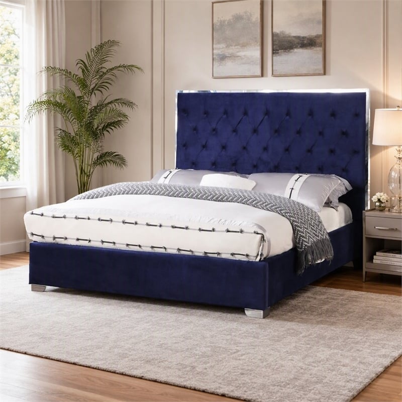 Pemberly Row Tufted East King Velour Platform Bed with Slats in Blue