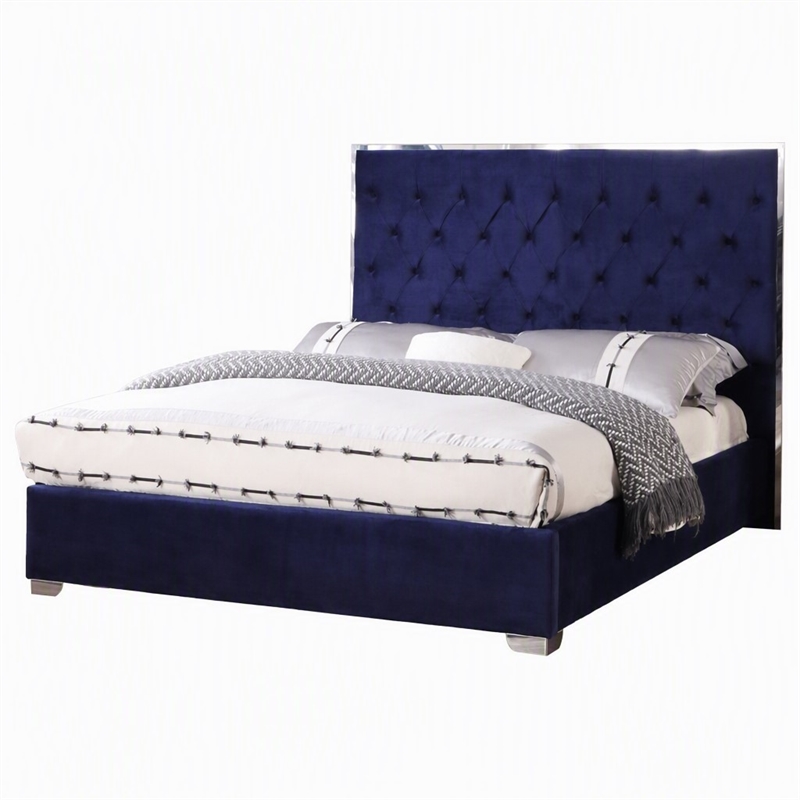 Pemberly Row Tufted East King Velour Platform Bed with Slats in Blue