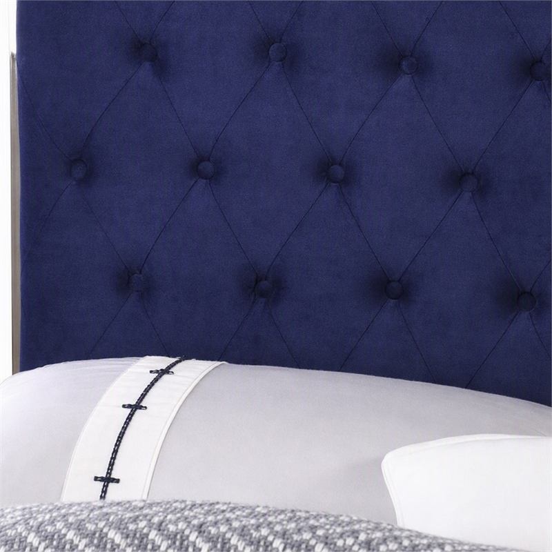 Pemberly Row Tufted East King Velour Platform Bed with Slats in Blue