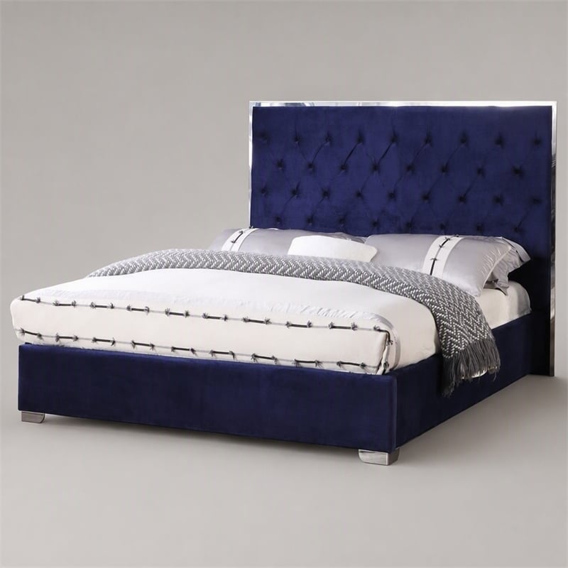 Pemberly Row Tufted East King Velour Platform Bed with Slats in Blue