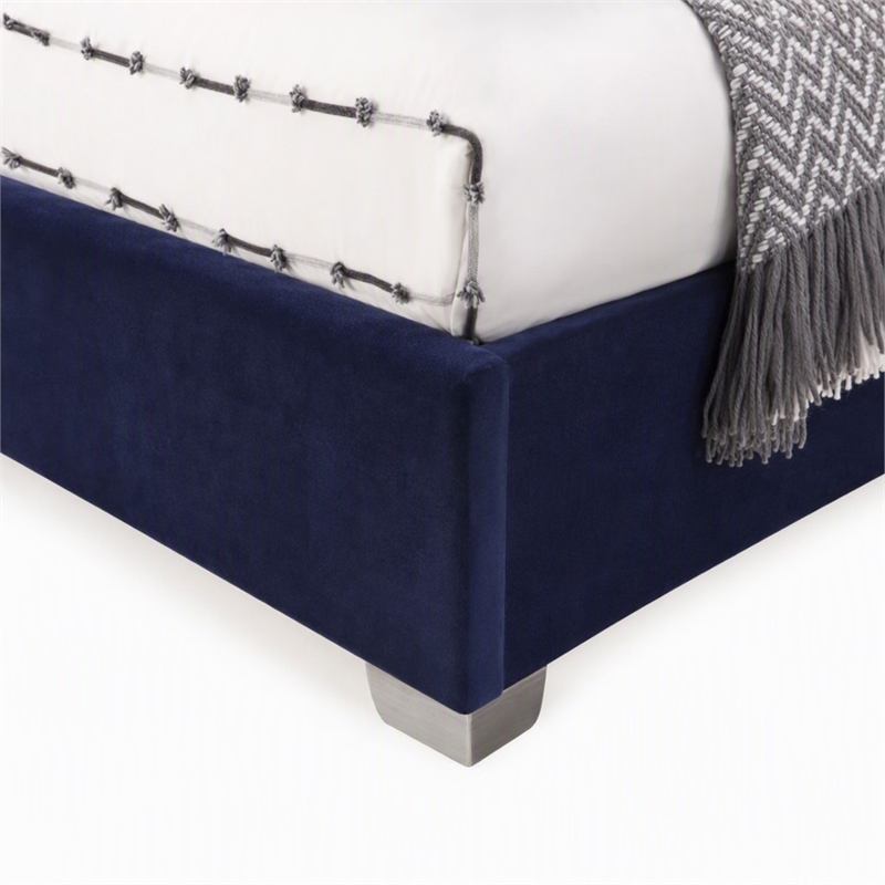 Pemberly Row Tufted East King Velour Platform Bed with Slats in Blue