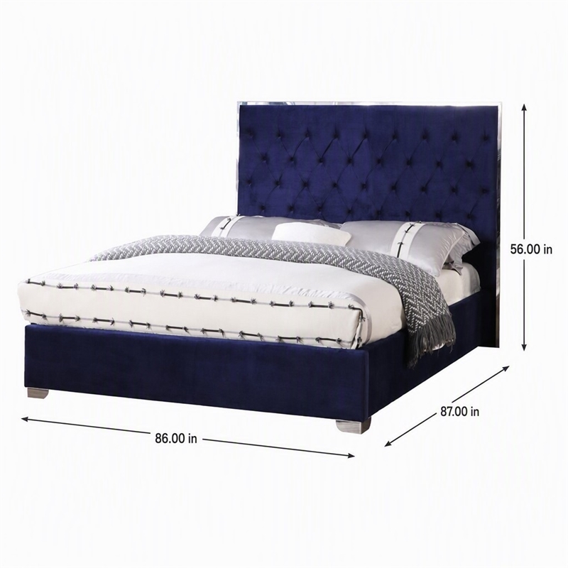 Pemberly Row Tufted East King Velour Platform Bed with Slats in Blue