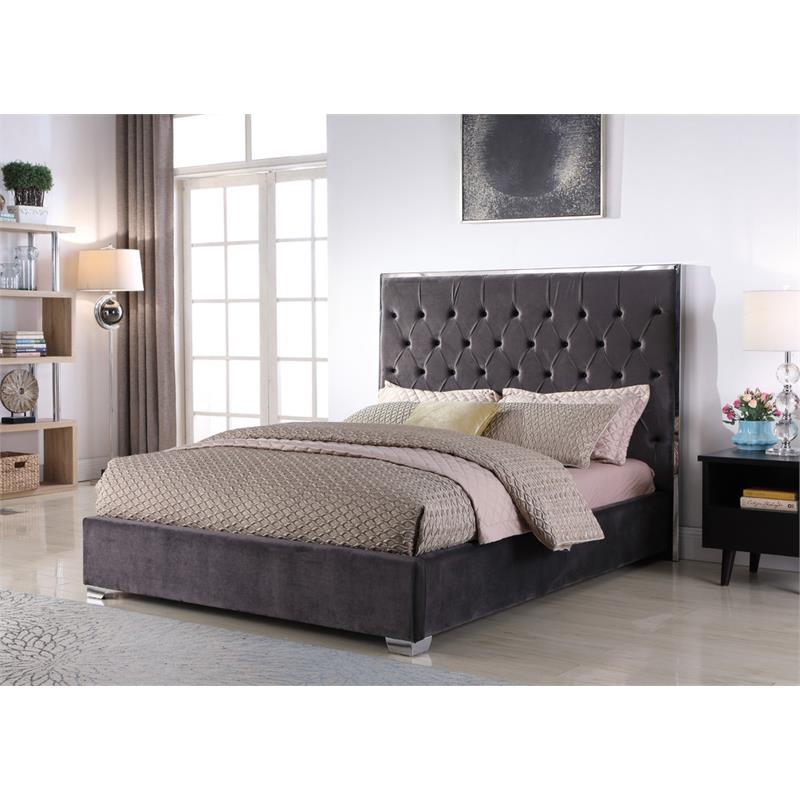 Pemberly Row Tufted Cali King Velour Platform Bed with Chrome Frame in Grey