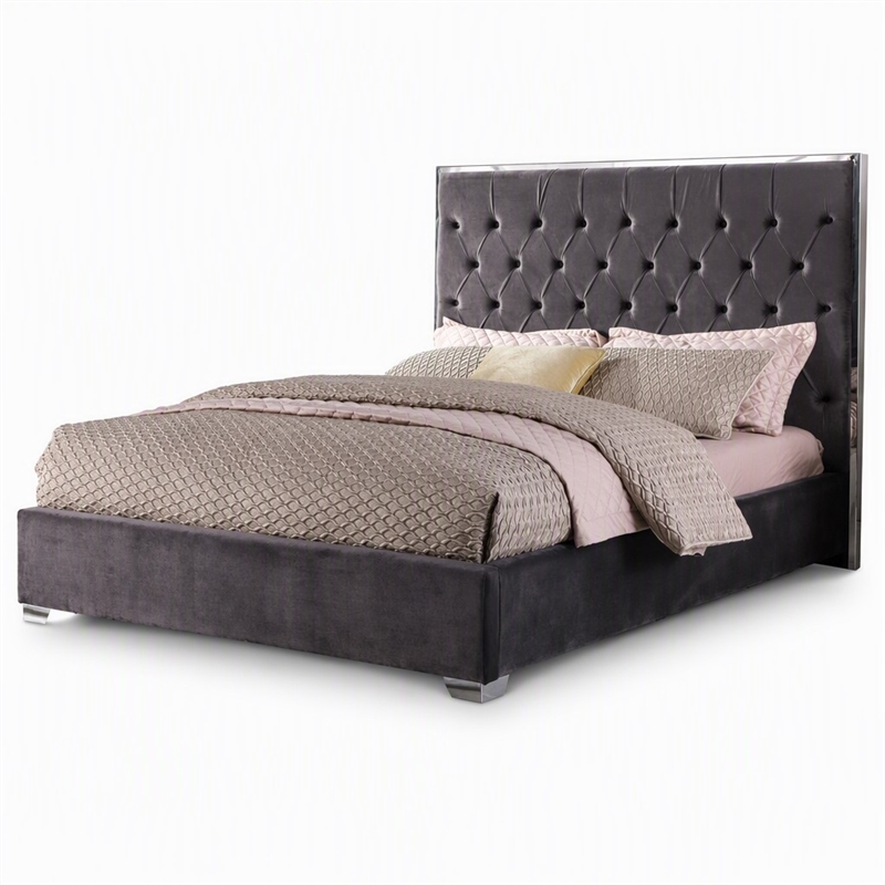 Pemberly Row Tufted Cali King Velour Platform Bed with Chrome Frame in Grey