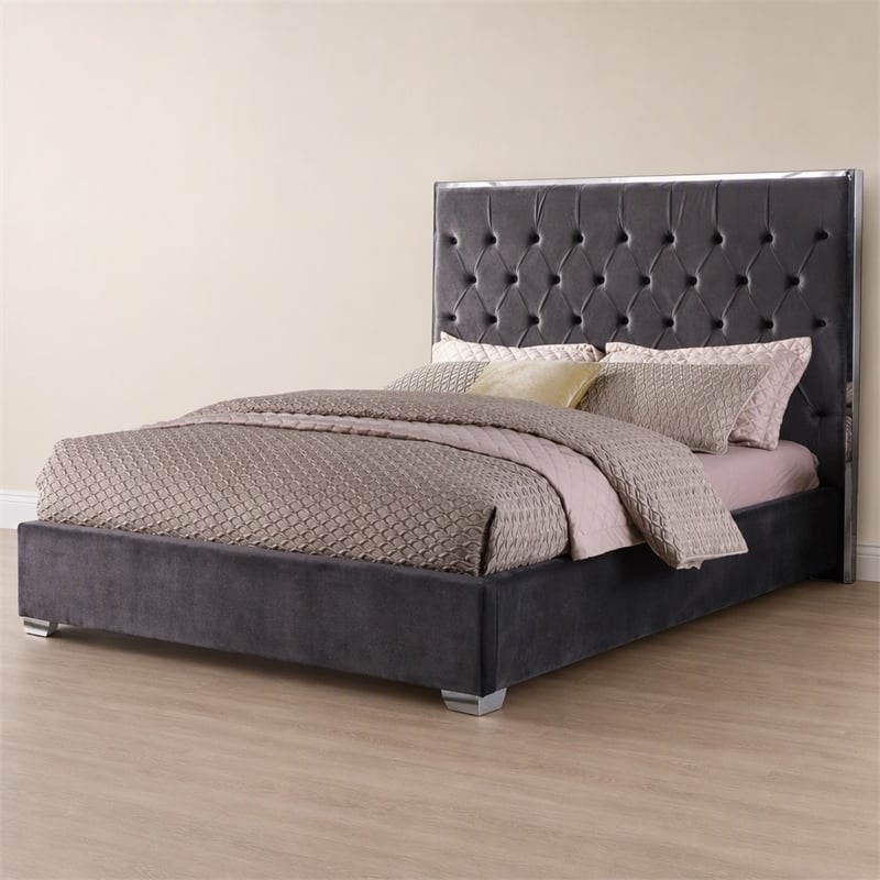 Pemberly Row Tufted Cali King Velour Platform Bed with Chrome Frame in Grey