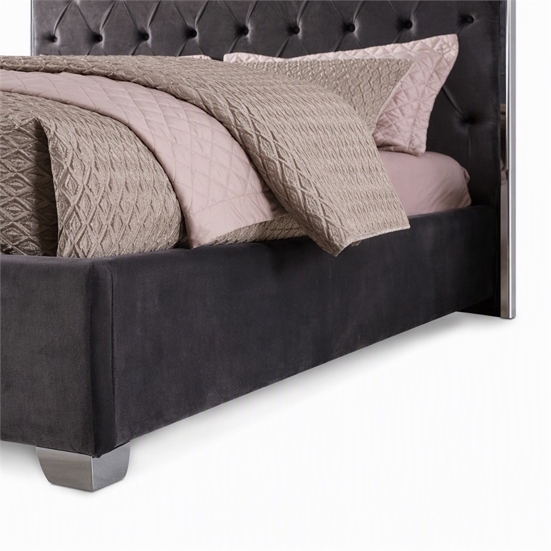 Pemberly Row Tufted Cali King Velour Platform Bed with Chrome Frame in Grey