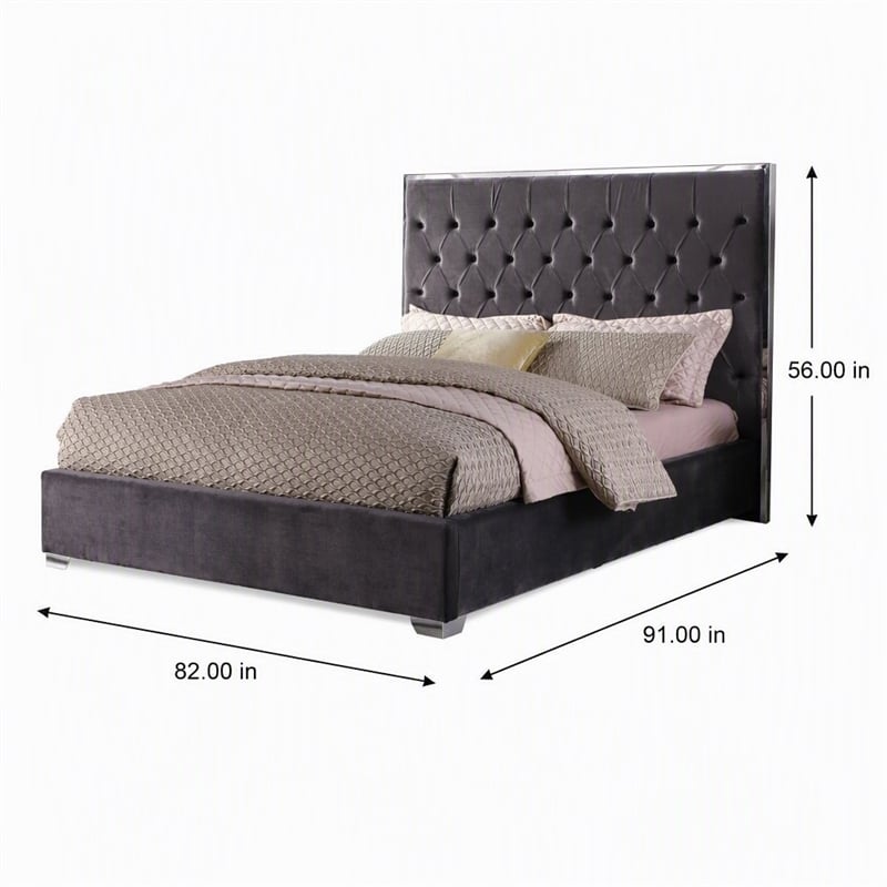 Pemberly Row Tufted Cali King Velour Platform Bed with Chrome Frame in Grey