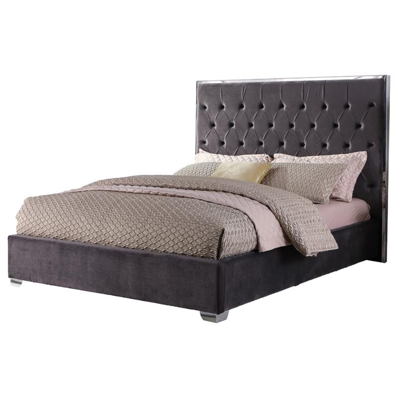 Pemberly Row Tufted Cali King Velour Platform Bed with Chrome Frame in Grey