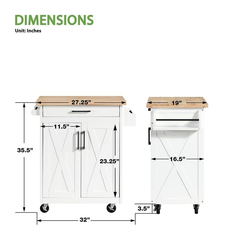 Pemberly Row Kitchen Cart with Butcher Block Top in White Finish