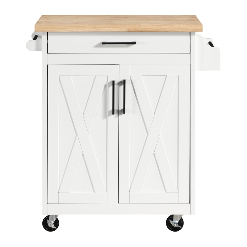 Pemberly Row Kitchen Cart with Butcher Block Top in White Finish