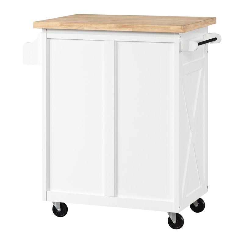 Pemberly Row Kitchen Cart with Butcher Block Top in White Finish
