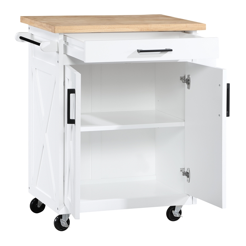 Pemberly Row Kitchen Cart with Butcher Block Top in White Finish