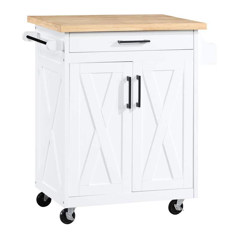 Pemberly Row Kitchen Cart with Butcher Block Top in White Finish