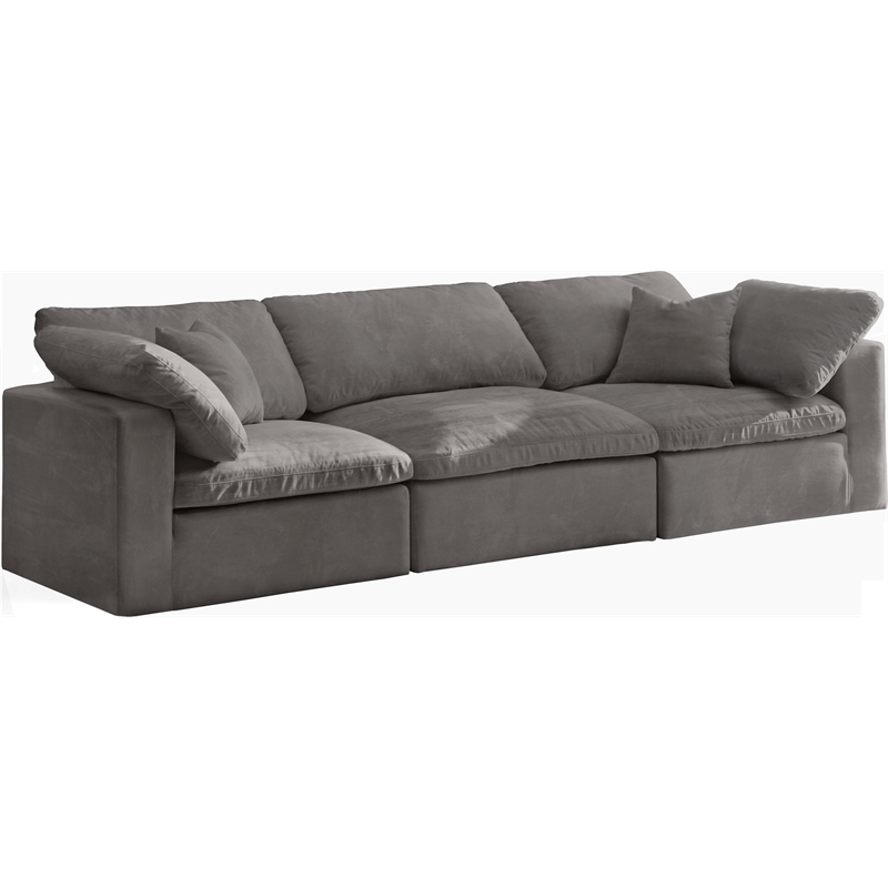 Pemberly Row Modular Gray Velvet 3-Piece Sofa with Fiber Cushions