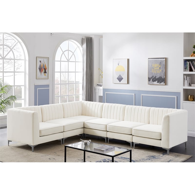 Pemberly Row Modular Cream Velvet Sectional with Channel Tufting