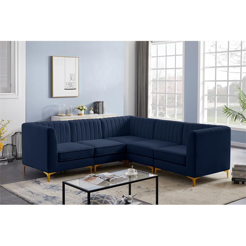 Pemberly Row Modular Sectional in Navy Velvet with Channel Tufting