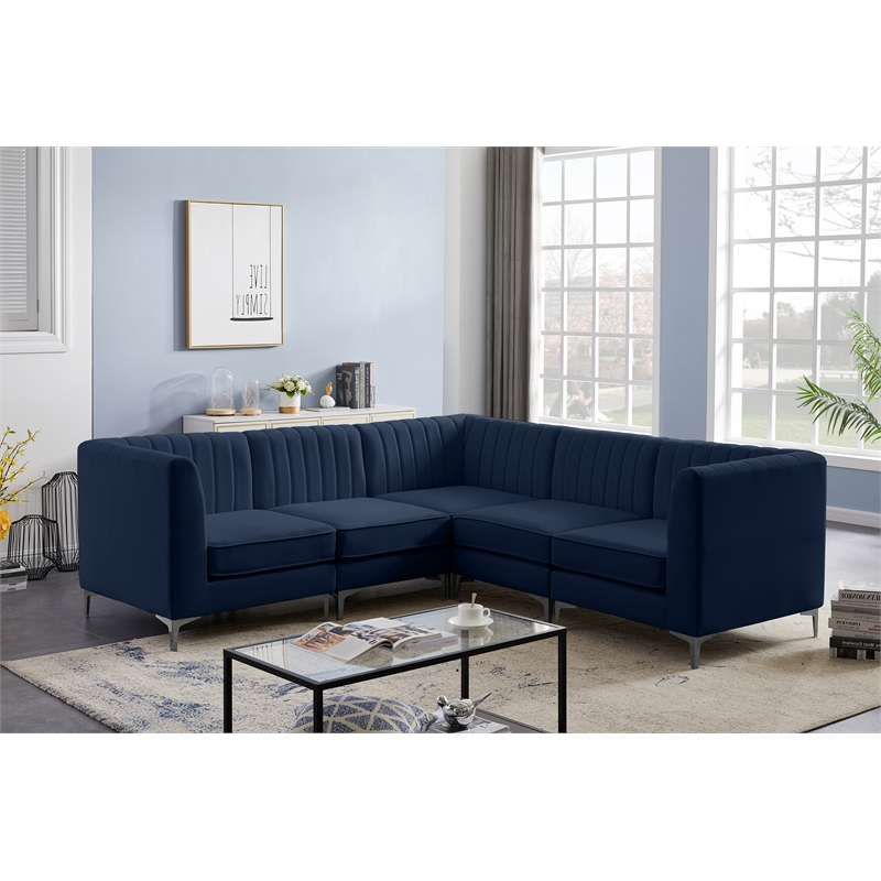 Pemberly Row Modular Sectional in Navy Velvet with Channel Tufting
