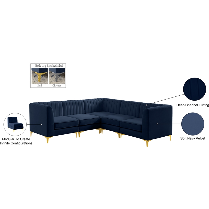 Pemberly Row Modular Sectional in Navy Velvet with Channel Tufting