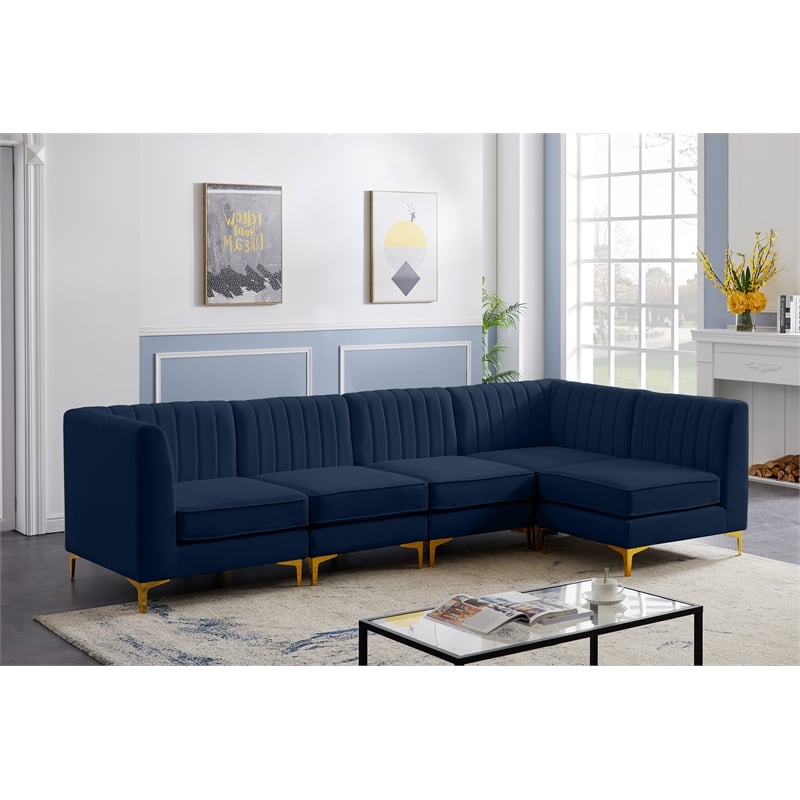 Pemberly Row Modular Sectional in Navy Velvet with Channel Tufting