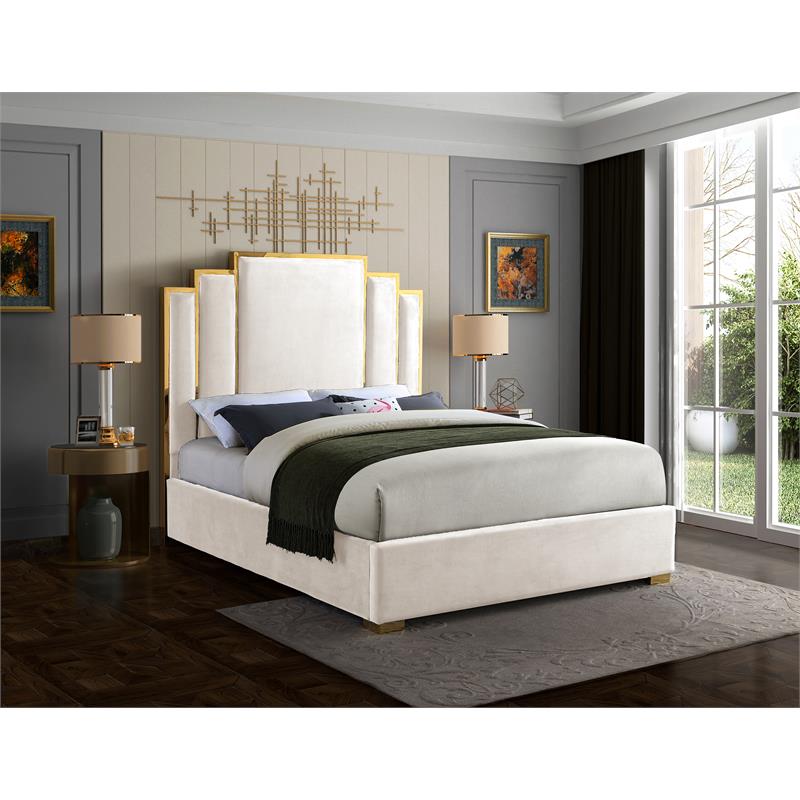 Pemberly Row Velvet Queen Bed with Gold Metal Frame in Cream