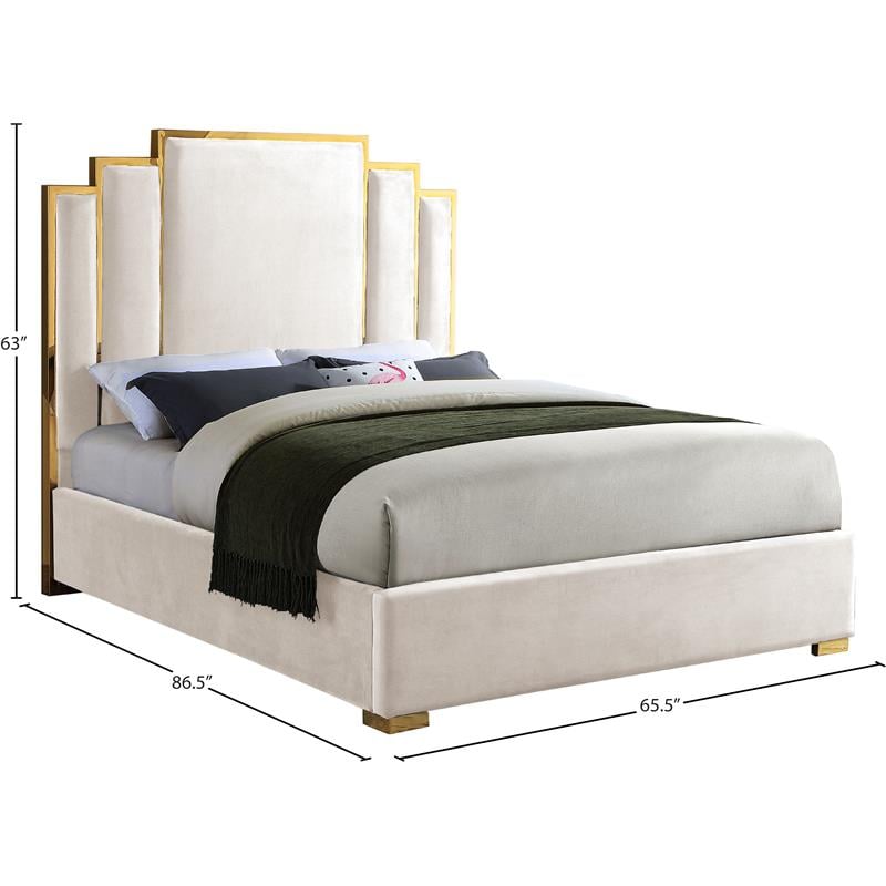 Pemberly Row Velvet Queen Bed with Gold Metal Frame in Cream
