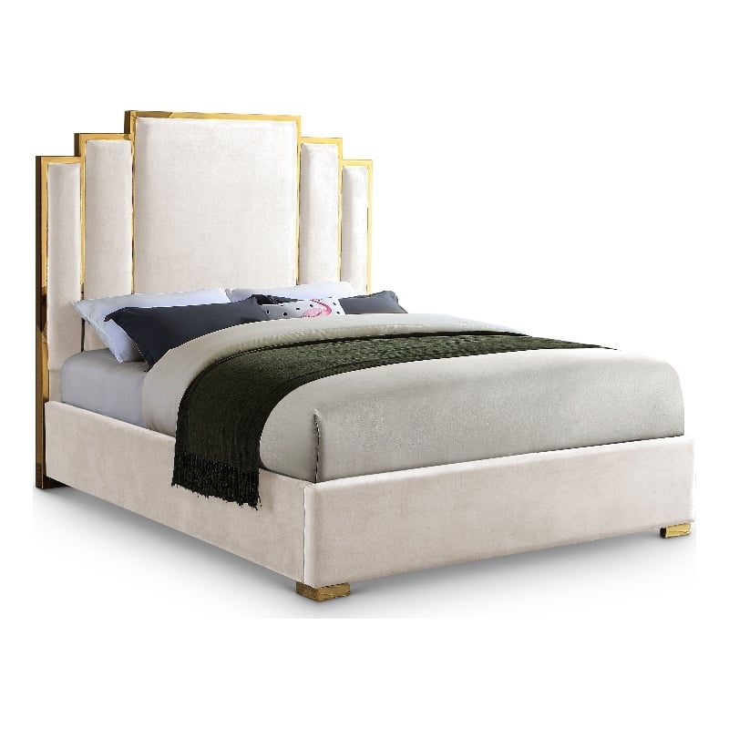 Pemberly Row Velvet Queen Bed with Gold Metal Frame in Cream