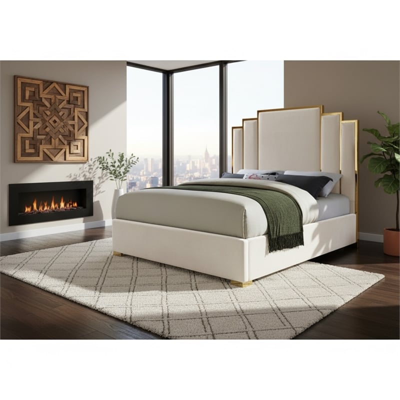 Pemberly Row Velvet Queen Bed with Gold Metal Frame in Cream