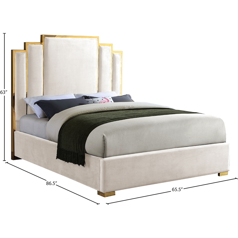 Pemberly Row Velvet Queen Bed with Gold Metal Frame in Cream