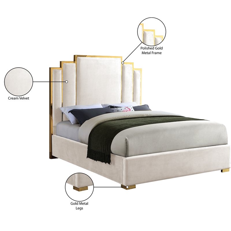 Pemberly Row Velvet Queen Bed with Gold Metal Frame in Cream