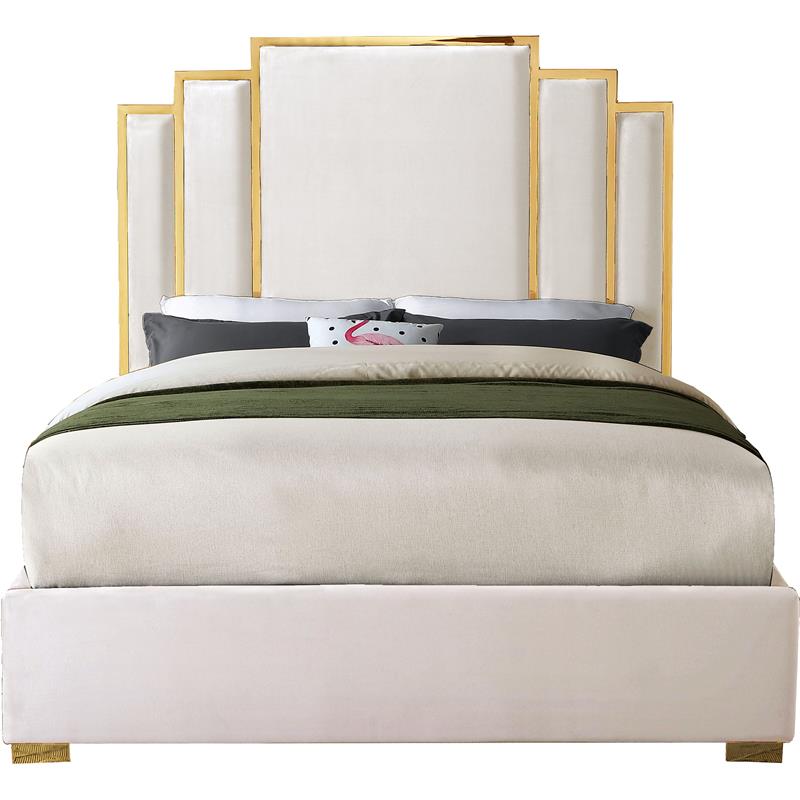 Pemberly Row Velvet Queen Bed with Gold Metal Frame in Cream