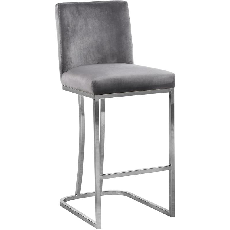 Pemberly Row Velvet Counter Stool in Gray with Chrome Finish