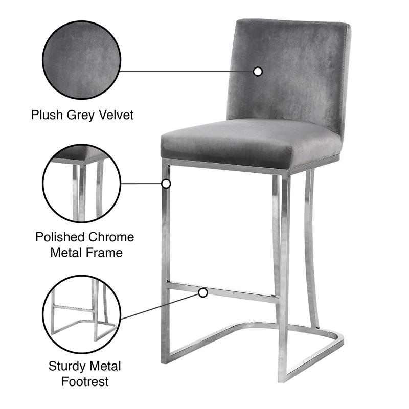 Pemberly Row Velvet Counter Stool in Gray with Chrome Finish