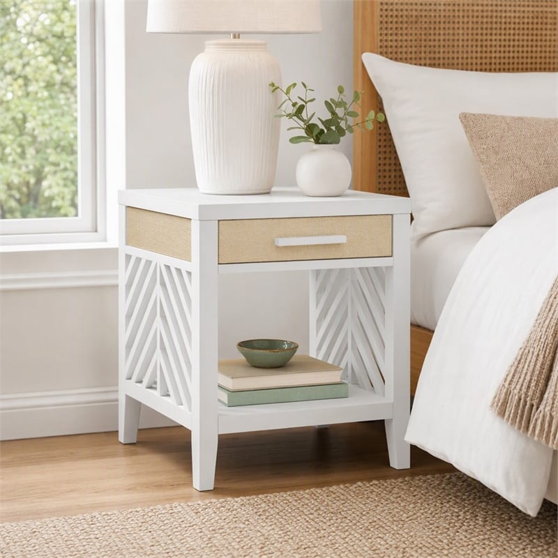 Pemberly Row 1-Drawer End Table with Slatted Design in Sand/White Finish