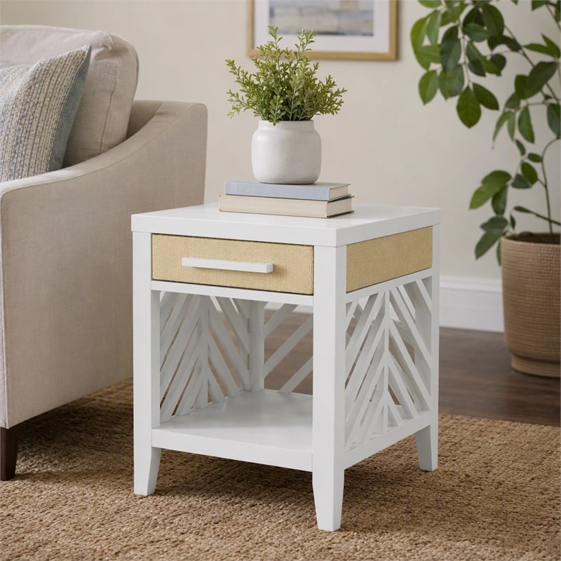 Pemberly Row 1-Drawer Chairside Table in White with Slatted Open Design