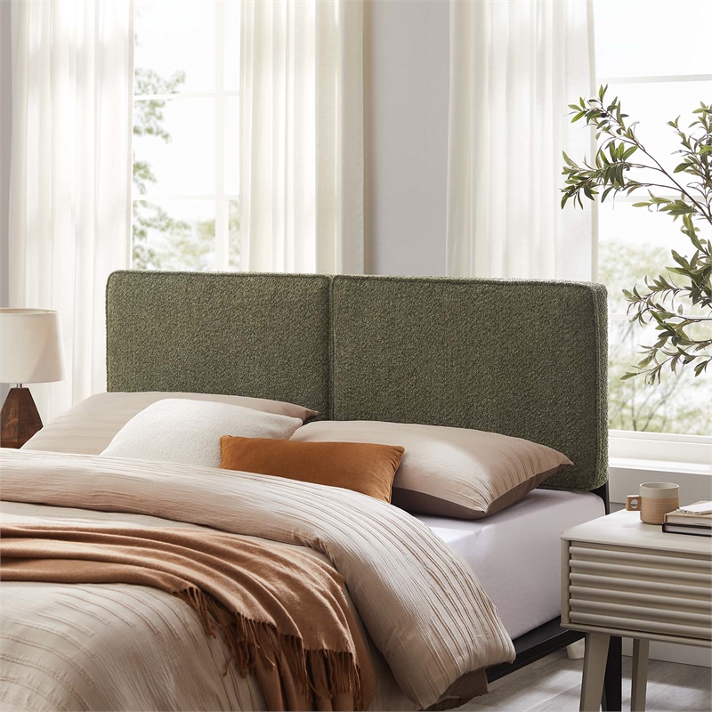 Pemberly Row King Headboard in Sage Boucle Upholstery with Wood Legs