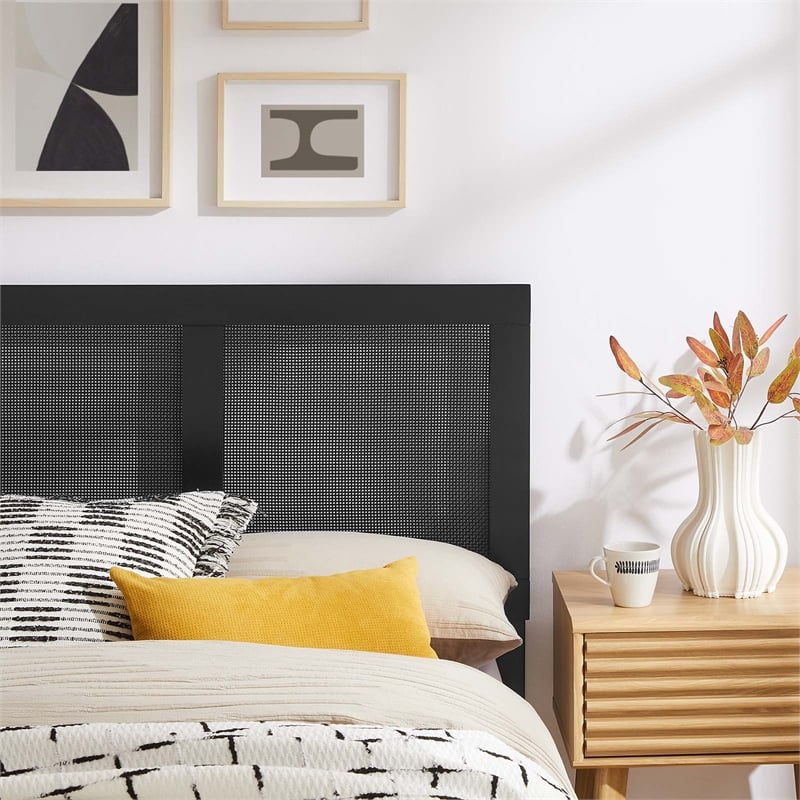 Pemberly Row Wood Twin Platform Bed with Rattan Headboard in Black
