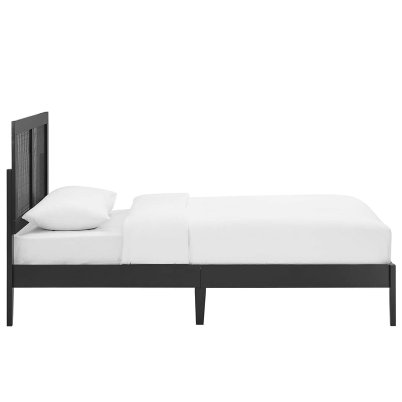 Pemberly Row Wood Twin Platform Bed with Rattan Headboard in Black