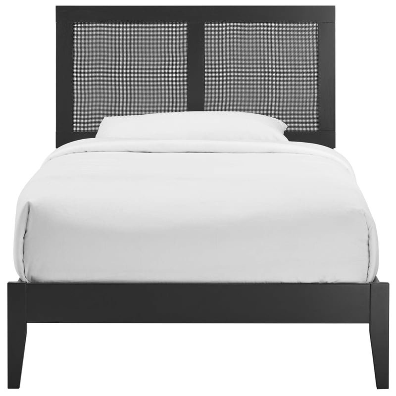 Pemberly Row Wood Twin Platform Bed with Rattan Headboard in Black