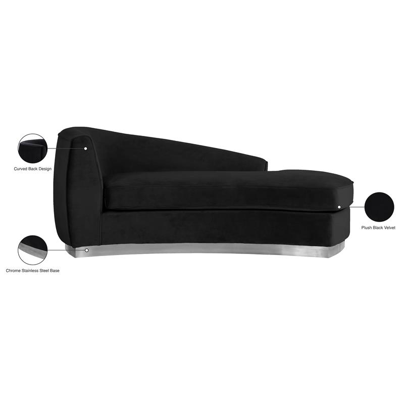 Pemberly Row Black Velvet Chaise with Chrome Base and Modern Design