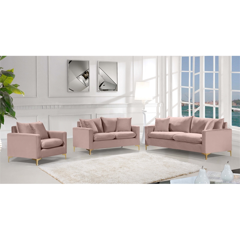 Pemberly Row Contemporary Pink Velvet Sofa with Gold & Chrome Legs