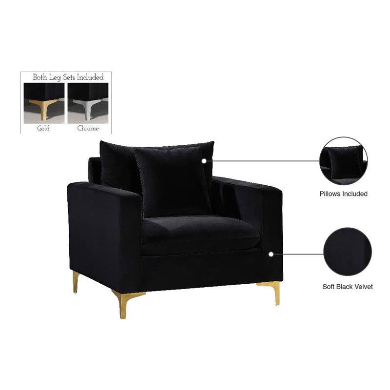 Pemberly Row Black Velvet Accent Chair with Customizable Gold & Chrome Legs
