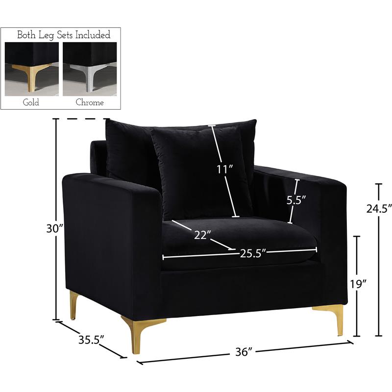 Pemberly Row Black Velvet Accent Chair with Customizable Gold & Chrome Legs