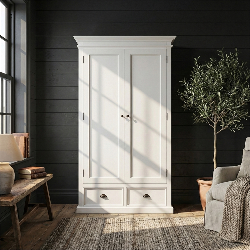 Pemberly Row Wardrobe in White Mahogany with Shelving and Drawers