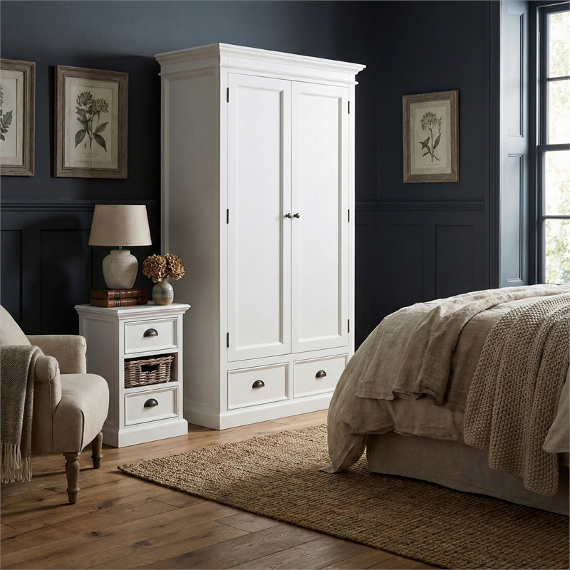 Pemberly Row Wardrobe in White Mahogany with Shelving and Drawers
